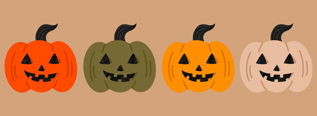 Halloween pumpkins jack-o-lanterns with cute happy smiling faces orange mustard yellow green and white illustration vector set png autumn fall icons symbols	
