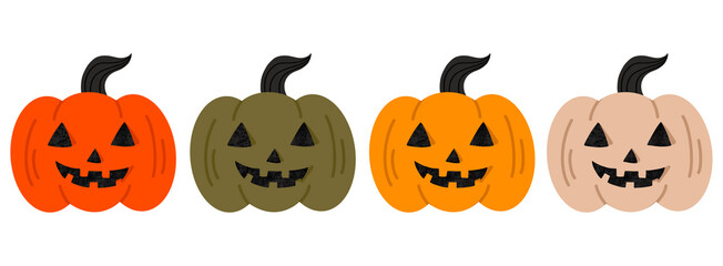 Halloween pumpkins jack-o-lanterns with cute happy smiling faces orange mustard yellow green and white illustration vector set png autumn fall icons symbols	
