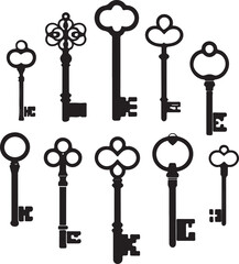 Antique key silhouettes Medieval and modern keys silhouette vector illustration