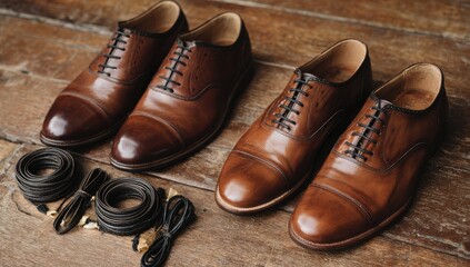 Two brown leather lace-up oxfords on wooden floor, with dark leather shoe accessories