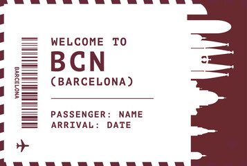 Welcome to Barcelona, Spain card template. Vector boarding pass style postcard illustration with airport code, city skyline, flight info. Luggage tag image layout