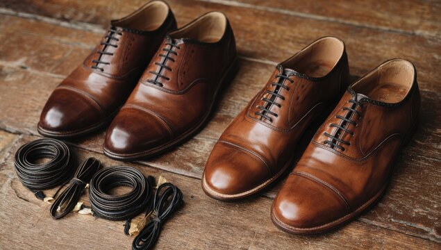 Two brown leather lace-up oxfords on wooden floor, with dark leather shoe accessories