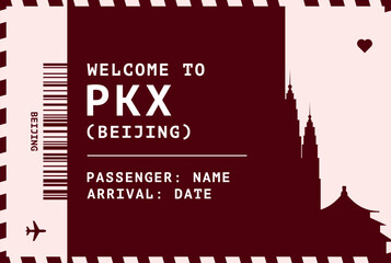 Welcome to Beijing, China card template. Vector boarding pass style postcard illustration with airport code, city skyline, flight info. Luggage tag image layout