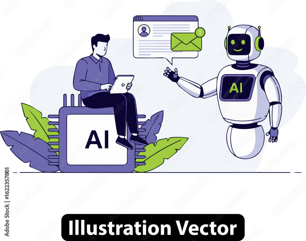Poster man working with ai robot for business communication automation and digital marketing concept