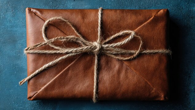 Wrapped brown gift on dark blue surface