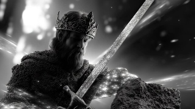 A Grieving King with a Sword, Black and White Dramatic Scene