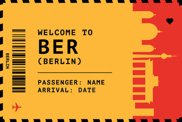 Welcome to Berlin, Germany card template. Vector boarding pass style postcard illustration with airport code, city skyline, flight info. Luggage tag image layout in national colors