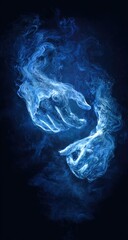Two ethereal, light-blue hands, swirling smoke, touching