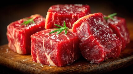 Fototapeta premium Fresh, cubed beef on wooden board, seasoned with salt and herbs