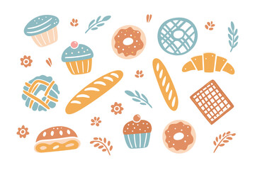 Whimsical Baked Goods: A delightful array of assorted baked treats and bread, meticulously arranged in a captivating flat lay composition, evoking a sense of warmth and artisanal charm.