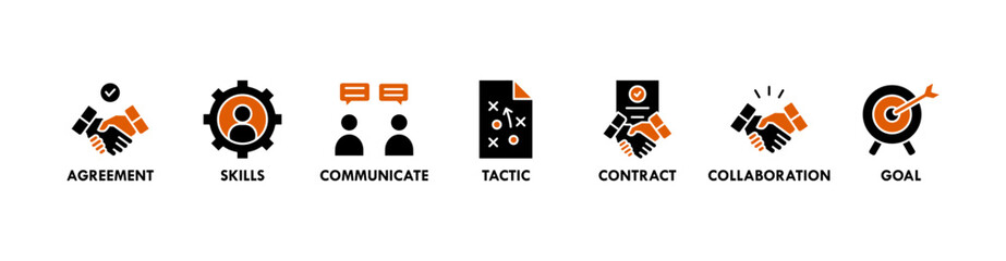 Negotiation banner web icon vector illustration concept for business deal agreement and collaboration with icon of skills, communicate, tactic, contract, and goal