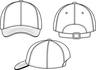 Baseball cap front, back, side view, technical flat sketch, CAD drawing, vector illustration, fashion accessory, unisex headwear template