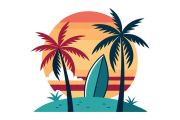 Retro palm trees and surfboard