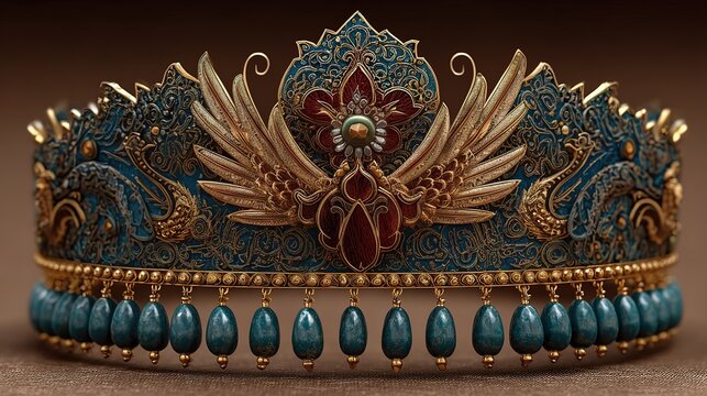 Ornate crown with gold filigree, blue enamel, teal beads, elaborate craftsmanship, royal heritage luxury jewelry theme