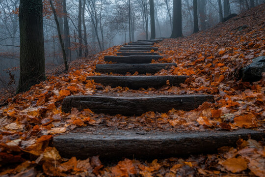 Stairs in woods with fallen leaves.
