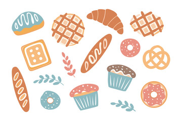 Bakery Delight: A vibrant collection of various baked goods including donut, croissant, muffins, breads, pretzels, and waffles. A visually appealing illustration designed to spark the appetite.