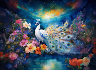 A white peacock displays its beautiful tail amongst vibrant flowers, reflecting in calm water against a dark background illuminated by a soft light.