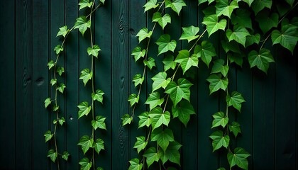Old wooden fence with green ivy leaves and vines growing on it, created with generative ai