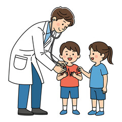 Friendly pediatrician examining a young boy with a stethoscope in a clinic