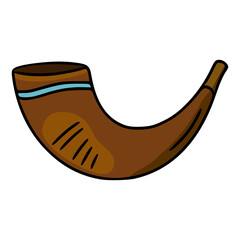 A detailed vector illustration of a shofar, a rams horn, featuring a light blue band and distinct carvings, ideal for Rosh Hashanah celebrations and Jewish cultural designs.