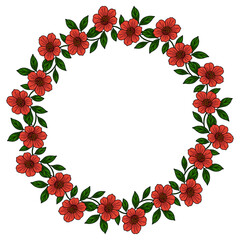 Elegant vector floral wreath design featuring a circular arrangement of vibrant red flowers of pomegranate and lush green leaves, perfect for invitations, cards, and decorative purposes.