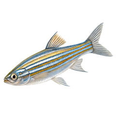 Realistic whole zebra danio fish with a slender body and horizontal blue-white stripes.