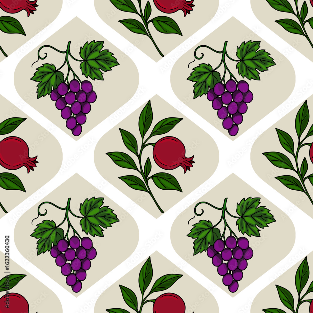 Poster seamless vector pattern of pomegranates and grapes on a beige and white background, creating a sophi