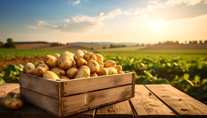 Freshly harvested organic potatoes in a wooden crate, representing agriculture and farming.
