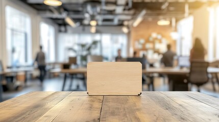Blank wooden sign on desk in modern office.
