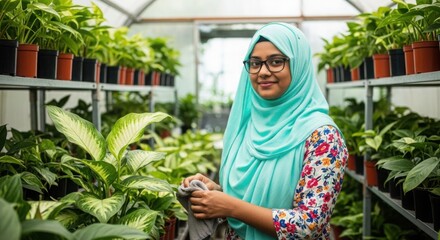 Young muslim woman wearing a hijab smiles while tending to plants in a lush greenhouse