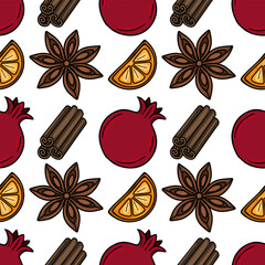 Seamless vector pattern of hand-drawn pomegranates, cinnamon sticks, star anise, and orange slices, creating a festive and warm autumnal design ideal for seasonal projects.