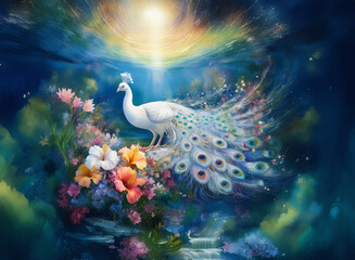 Elegant white peacock amidst vibrant flowers in a dreamy garden. Luminous background sky enhances the serene and artistic nature of the scene.