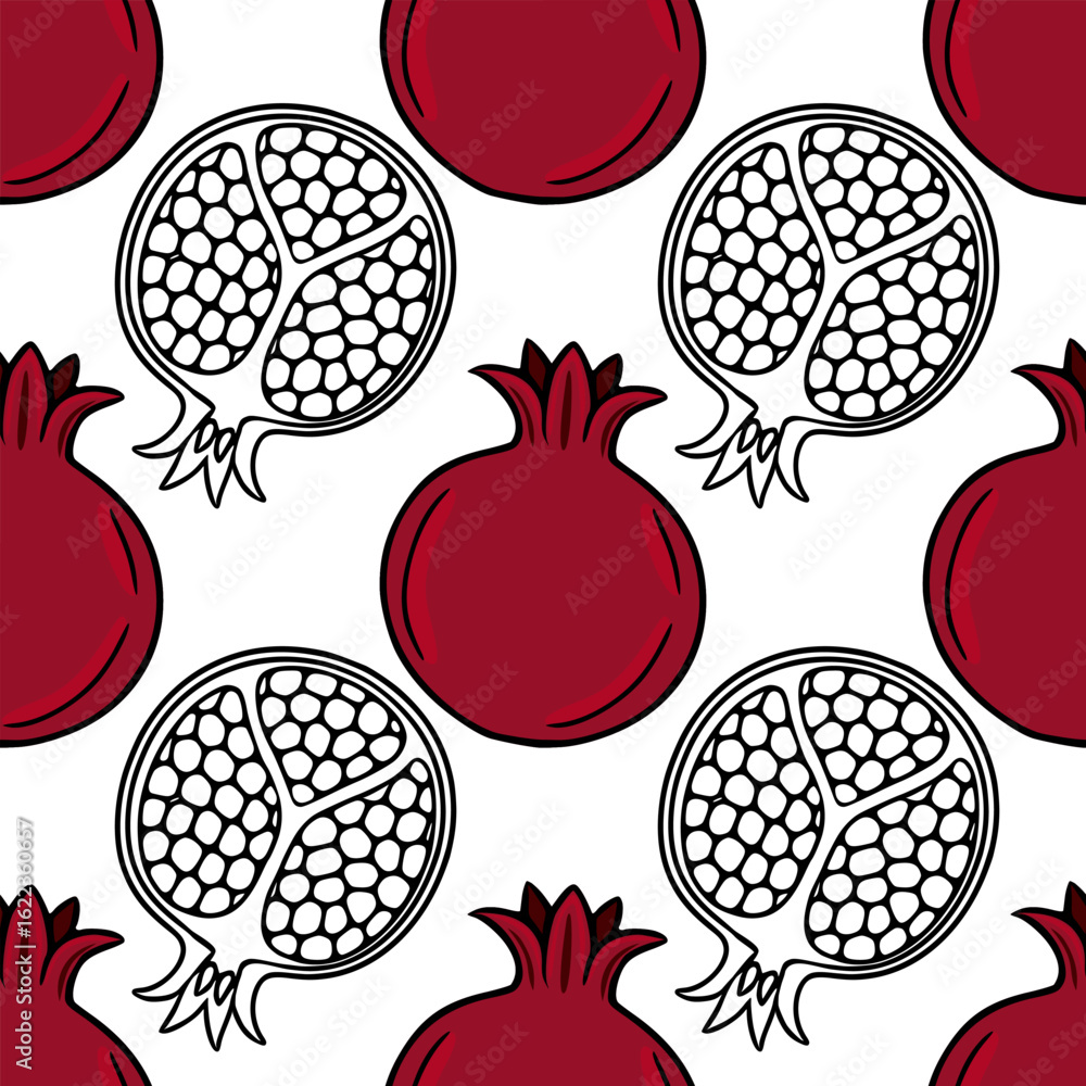 Poster seamless vector pattern of stylized pomegranates, featuring alternating whole red fruits and black a