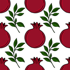 Seamless vector pattern of hand-drawn pomegranates and leaves, perfect for Rosh Hashanah or autumn designs, featuring a vibrant red and green color palette.
