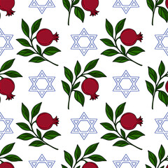Seamless vector pattern featuring pomegranate branches and Star of David symbols, ideal for Rosh Hashanah celebrations and Jewish-themed designs.
