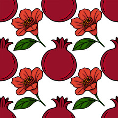 Seamless vector pattern of stylized pomegranates and flowers, perfect for Rosh Hashanah or autumnal designs, featuring bold red and green colors.