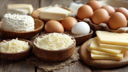 Fototapeta premium Assorted dairy products on a rustic wooden table. Eggs, cheeses, and cottage cheese in bowls