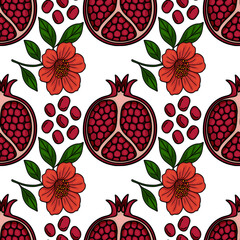 Seamless vector pattern of pomegranate halves, red flowers, and seeds, ideal for Rosh Hashanah or autumn designs.