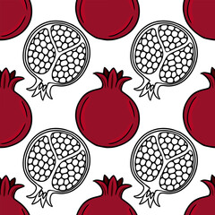 Seamless vector pattern of stylized pomegranates, featuring alternating whole red fruits and black and white cross-sections, creating a vibrant and contrasting design ideal for festive backgrounds...
