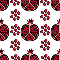 Seamless vector pattern of juicy pomegranate halves and scattered seeds, a vibrant illustration perfect for Rosh Hashanah or autumnal designs.