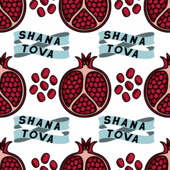 Seamless vector pattern with hand-drawn pomegranates and Shana Tova ribbons, perfect for Rosh Hashanah celebrations, featuring a unique vintage style and bold color palette.