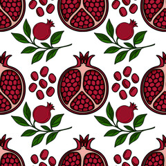 Seamless vector pattern of pomegranates, seeds and leaves, perfect for Rosh Hashanah or autumn designs, featuring a vibrant red and green color palette.
