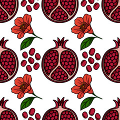 Seamless vector pattern featuring vibrant pomegranate halves, scattered seeds, and delicate red flowers, creating a lively and detailed design perfect for festive backgrounds or textile prints.