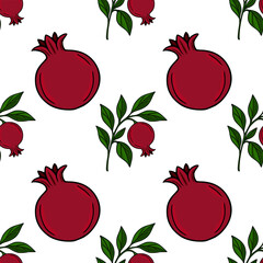 Seamless vector pattern of ripe pomegranates and green leaves, a vibrant illustration perfect for Rosh Hashanah or autumn designs.
