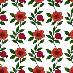 Seamless vector pattern of stylized red flowers and pomegranates, perfect for Rosh Hashanah or autumn designs, featuring a vibrant color palette and intricate details.