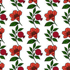 Seamless vector pattern of stylized pomegranate flowers and fruits, a vibrant design featuring rich red blossoms and deep red pomegranates against a crisp white background.
