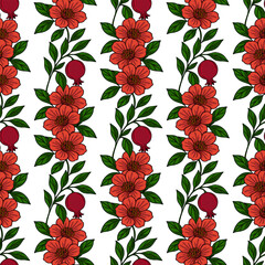 Seamless vector pattern of stylized pomegranate flowers and fruits in red and green colors, creating a vibrant and elegant floral design perfect for textile prints or decorative backgrounds.