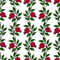 Seamless vector pattern of stylized pomegranate branches with red fruits and green leaves, perfect for Rosh Hashanah or autumn designs.