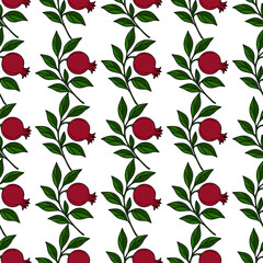 Seamless vector pattern of stylized pomegranate branches with dark green leaves and ripe red fruits, perfect for Rosh Hashanah or autumn designs.