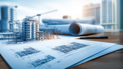 Creative architectural concept showing 2D drawings evolving into a 3D urban building